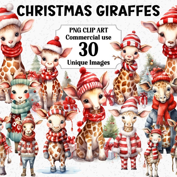 Christmas Giraffes Watercolor Clip Art, Digital/Paper Crafts, Cute Safari Animal, Instant Download Commercial use Transparent PNG clipart
