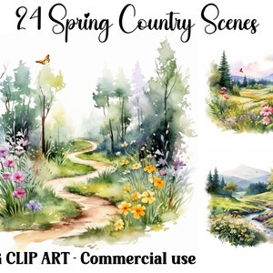 Cenas de primavera no campo, clipart em aquarela, artesanato digital e em papel, trilhas para download instantâneo, fundos de paisagens, pacote JPG para uso comercial