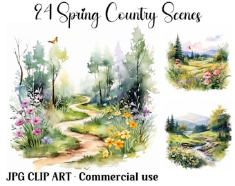 Puede incluir: Un conjunto de 24 ilustraciones de acuarela que representan escenas de campo primaverales. Las imágenes presentan caminos sinuosos, vegetación exuberante, flores en flor y paisajes pintorescos.