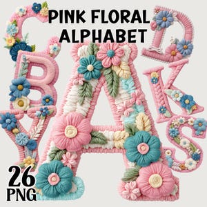 May include: Pink floral alphabet letters, including A, B, C, D, K, S, and Y, are decorated with colorful flowers and green leaves. The letters are pink with white stitching and the text "PINK FLORAL ALPHABET" is displayed above the letters.