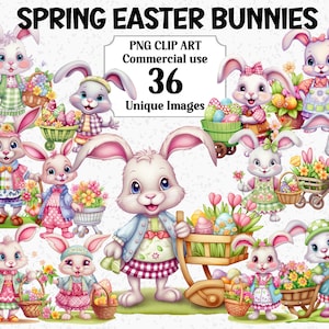 Frühling Osterhasen Clipart, niedlichen Cartoon-Kaninchen Kaninchen Digitales Handwerk, Sofort-Download, kommerzielle Nutzung Transparente PNG Sublimationspaket