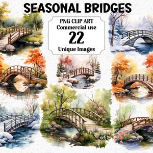 Pontes sazonais aquarela inverno, primavera, verão, outono/outono florestas clipart, uso comercial digital transparente PNG pacote de sublimação