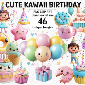Niedliche Kawaii Geburtstag Clipart 3D Stil Mädchen & Jungen Party Sofort-Download Helle Geschenke Kommerziell Lebendige Transparente PNG Sublimationsbündel