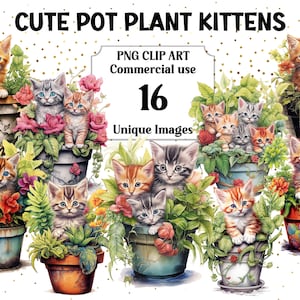 かわいい鉢植えの子猫の水彩画のクリップアート、デジタル＆ペーパークラフト | 赤ちゃん動物 | すぐにダウンロード可能、商用利用可、透明なPNGクリップアート