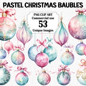 Zestaw ozdób choinkowych w pastelowych kolorach, akwarelowe cliparty, cyfrowe i papierowe rzemiosło, natychmiastowe pobieranie do użytku komercyjnego Przezroczyste pliki PNG Xmas