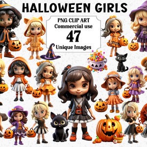 Estilo 3D Lindo Pequeño Halloween Niñas Niños Clipart, Uso comercial Niños Personas espeluznantes Amigos Sublimación transparente Paquete de gráficos PNG