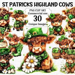 St Patricks Day Highland vaches Clipart, artisanat animal vert numérique/papier, utilisation commerciale en téléchargement immédiat, lot de sublimation PNG Transparent
