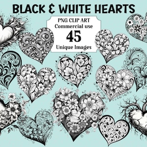 Coeurs noir et blanc Saint Valentin aquarelle amour Clipart, création de cartes, téléchargement immédiat à usage commercial PNG Transparent sublimation Bundle