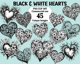 Schwarz & weiße Herzen Valentinstag Aquarell Liebe Clipart, Karten Handwerk, Sofort-Download Kommerzielle Nutzung Transparente PNG Sublimation Bundle