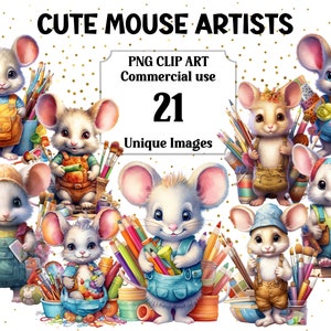 Cute Mouse Artists Clip Art, Digital & Paper Crafts | Fantasy Animal, Instant Download, Commercial use, Transparent PNG Clipart, Wall Art