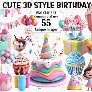 Clipart di compleanno, stile 3D carino, per feste di ragazze e ragazzi, download istantaneo, regali luminosi, commerciali, divertenti, PNG trasparenti e vivaci, pacchetto di sublimazione.