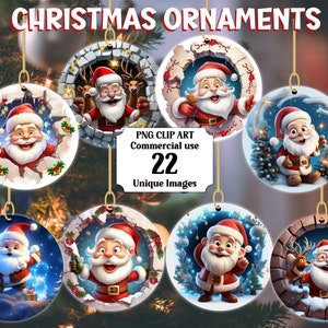 Adorno navideño en 3D con diseño de Papá Noel, sublimación PNG, descarga instantánea, clipart para uso comercial, paquete de círculos navideños transparentes