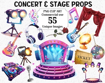Konsert- och scenrekvisita Clipart, direktnedladdning, ljusspotlight DJ-hörlurar, mikrofon, discokula, transparent PNG-sublimeringspaket