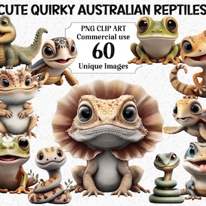 May include: A collection of 60 digital illustrations featuring cartoon-style Australian reptiles and amphibians, including a frilled-neck lizard, crocodiles, turtles, snakes, and frogs, with the text CUTE QUIRKY AUSTRALIAN REPTILES PNG CLIP ART.