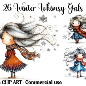 26 Winter Whimsy Gals Clipart, Cyfrowe/Papierowe Karty Rzemieślnicze, Natychmiastowe Pobieranie Sezonowych Zabawnych Dziewczyn, Urocze Tła, Komercyjne Wykorzystanie JPG Bundle