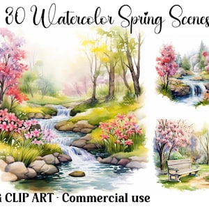 Aquarel lentetaferelen land clipart, Digital & Paper Craft, Instant Download, Landschap Natuur achtergronden, Commercieel gebruik JPG-bundel