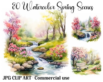 Puede incluir: 30 Escenas de primavera en acuarela - Un conjunto de 3 pinturas de acuarela que representan escenas de primavera con un arroyo, flores, árboles y un banco.