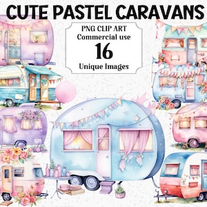 Clipart de aquarela, caravanas fofas em tons pastéis, férias digitais, trailer de acampamento, sublimação, download instantâneo, uso comercial, pacote PNG transparente