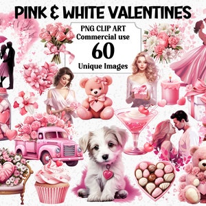 Rose et blanc Saint Valentin Clipart aquarelle, fleurs coeurs d'amour, téléchargement immédiat, usage commercial, sublimation Bundle PNG Transparent