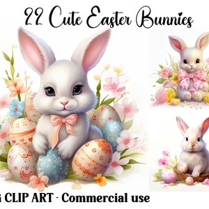 Süße Osterhasen Aquarell Clipart Pastellhase Handwerk Szenen, sofortiger Download Kaninchen Eier Natur Blumen, kommerzielle Nutzung JPG-Bundle