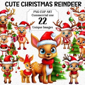 Joli clipart renne de Noël, téléchargement immédiat, usage commercial, décorations de chapeaux d'arbre de boules vibrantes, lot de sublimation PNG transparent