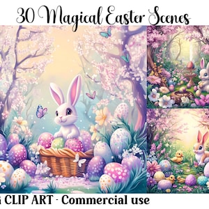 Clipart de scènes de Pâques magiques, papiers numériques/artisanat, lapins mignons, arrière-plans fantastiques à téléchargement immédiat, lot JPG pour usage commercial