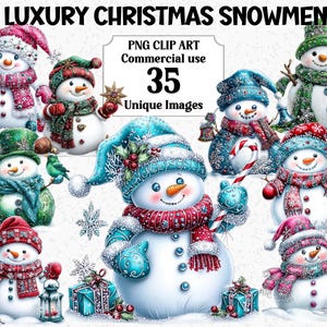 Clipart di pupazzi di neve di Natale di lusso, carino pupazzo di neve invernale rosso, blu, verde, rosa, download istantaneo, pacchetto di sublimazione PNG trasparente commerciale