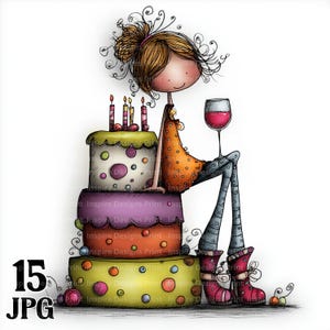 Puede incluir: Ilustración de una figura caprichosa con un moño, sentada en un pastel de tres niveles, sosteniendo una copa de vino. El pastel está decorado con lunares de colores y velas. La figura lleva una blusa naranja y botas rojas.