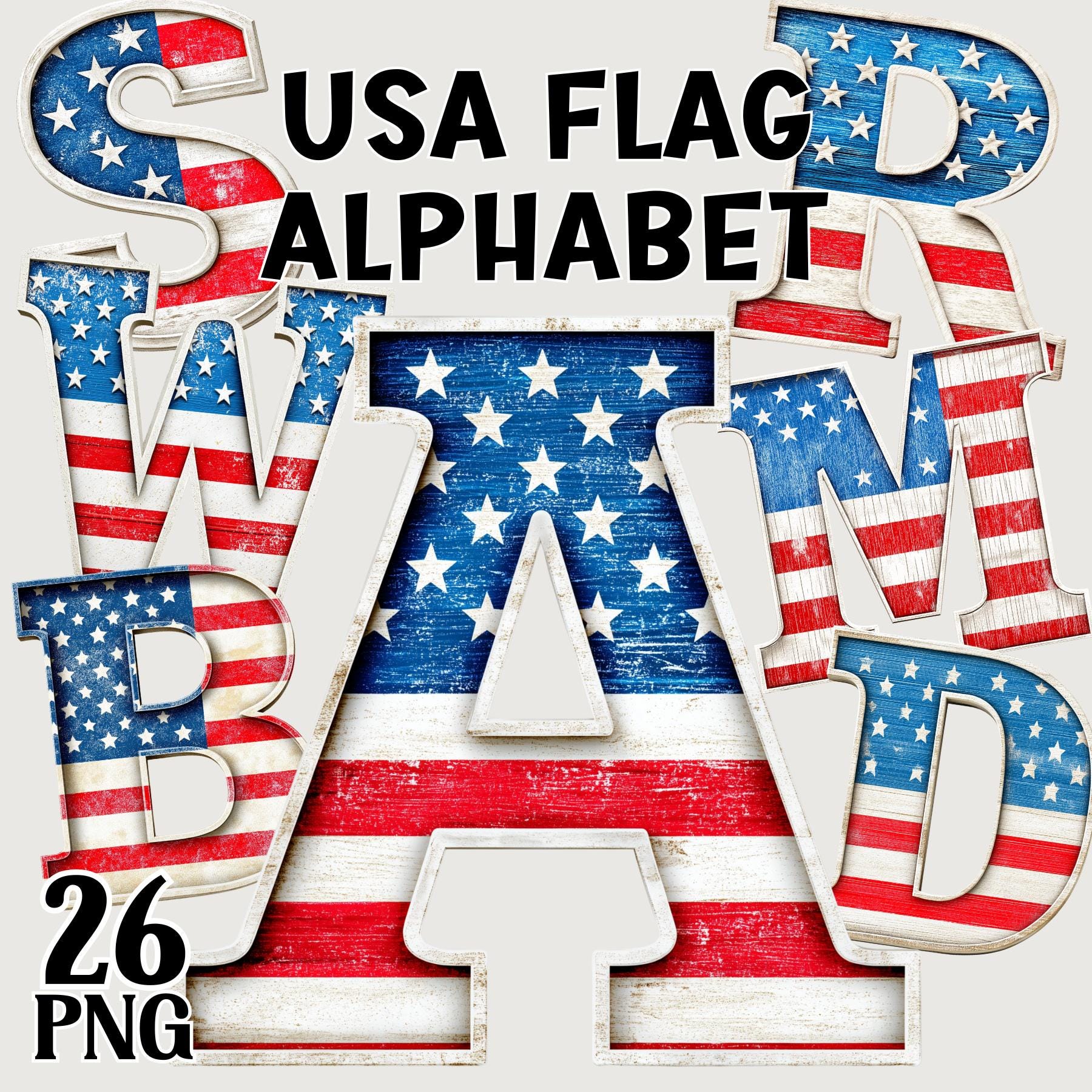USA Flag Alphabet Letters, Red White & Blue American Font Clipart, A-Z ...