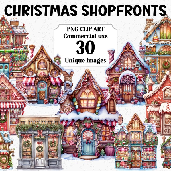 Christmas Shopfronts Watercolor Christmas Clipart, Houses Decorations, Instant Download, Commercial use Transparent PNG sublimation bundle