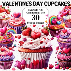 Saint Valentin Cupcakes Clipart, jolies cartes et créations artisanales, Sweet Love Food, téléchargement immédiat, tout usage commercial, PNG Transparent par sublimation Bundle