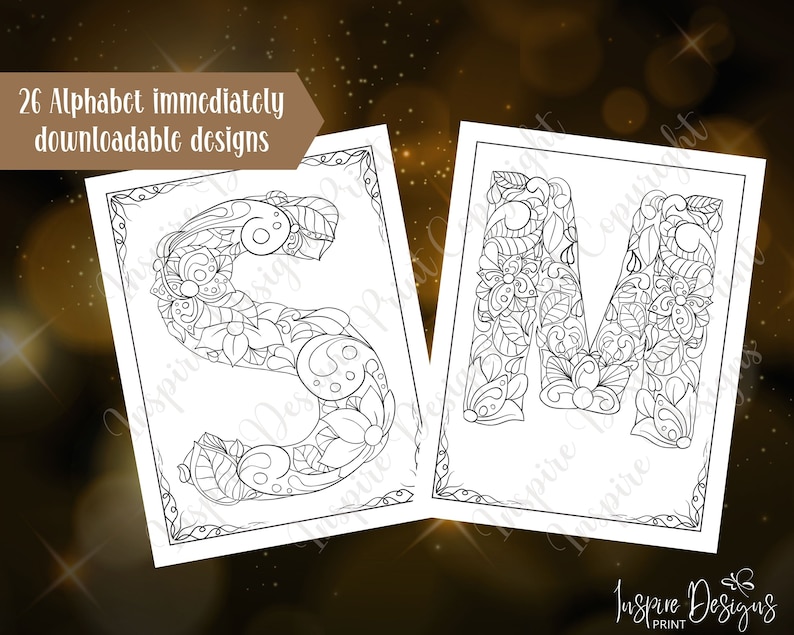May include: Two printable coloring pages featuring the letters S and M. The letters are stylized with intricate floral designs. The text "26 Alphabet immediately downloadable designs" is at the top of the page.