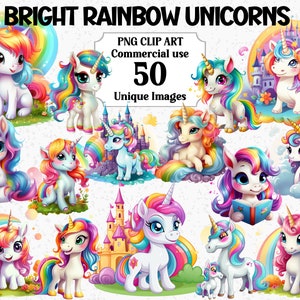 Imágenes prediseñadas de acuarela de unicornios arcoíris brillantes, manualidades digitales y en papel, descarga instantánea, uso comercial, paquete de sublimación PNG transparente
