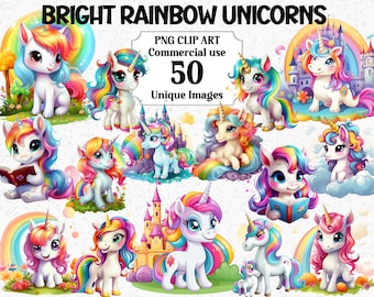 Bright Rainbow Unicorns Cute Watercolor Clipart, Digital & Paper Crafts, Instant Download, Commercial use Transparent PNG Sublimation Bundle
