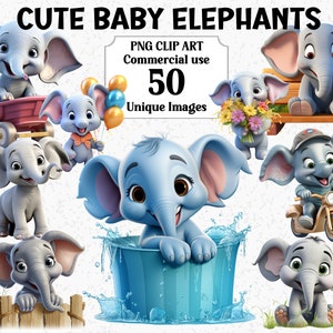 Lindos elefantes bebés acuarela animales clipart, artesanías digitales/de papel, descarga instantánea uso comercial paquete de sublimación PNG transparente