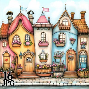 Imágenes prediseñadas de casas adosadas extravagantes y bonitas, manualidades digitales y de papel, descarga instantánea, fondos de casas urbanas abstractas divertidas, paquete comercial JPG