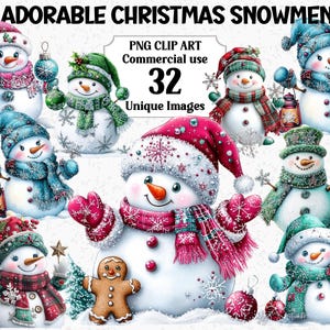 愛らしいクリスマス雪だるまのクリップアート、かわいい高級冬の面白い雪だるまの即時ダウンロード、商用利用、透明なPNG昇華バンドル