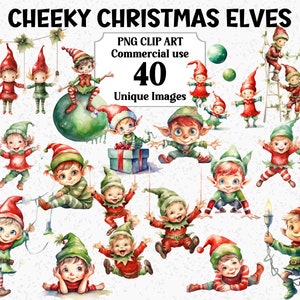 Clipart aquarelle de lutins de Noël coquins, décorations artisanales pour sublimation, téléchargement immédiat pour usage Commercial elfe PNG transparent Bundle