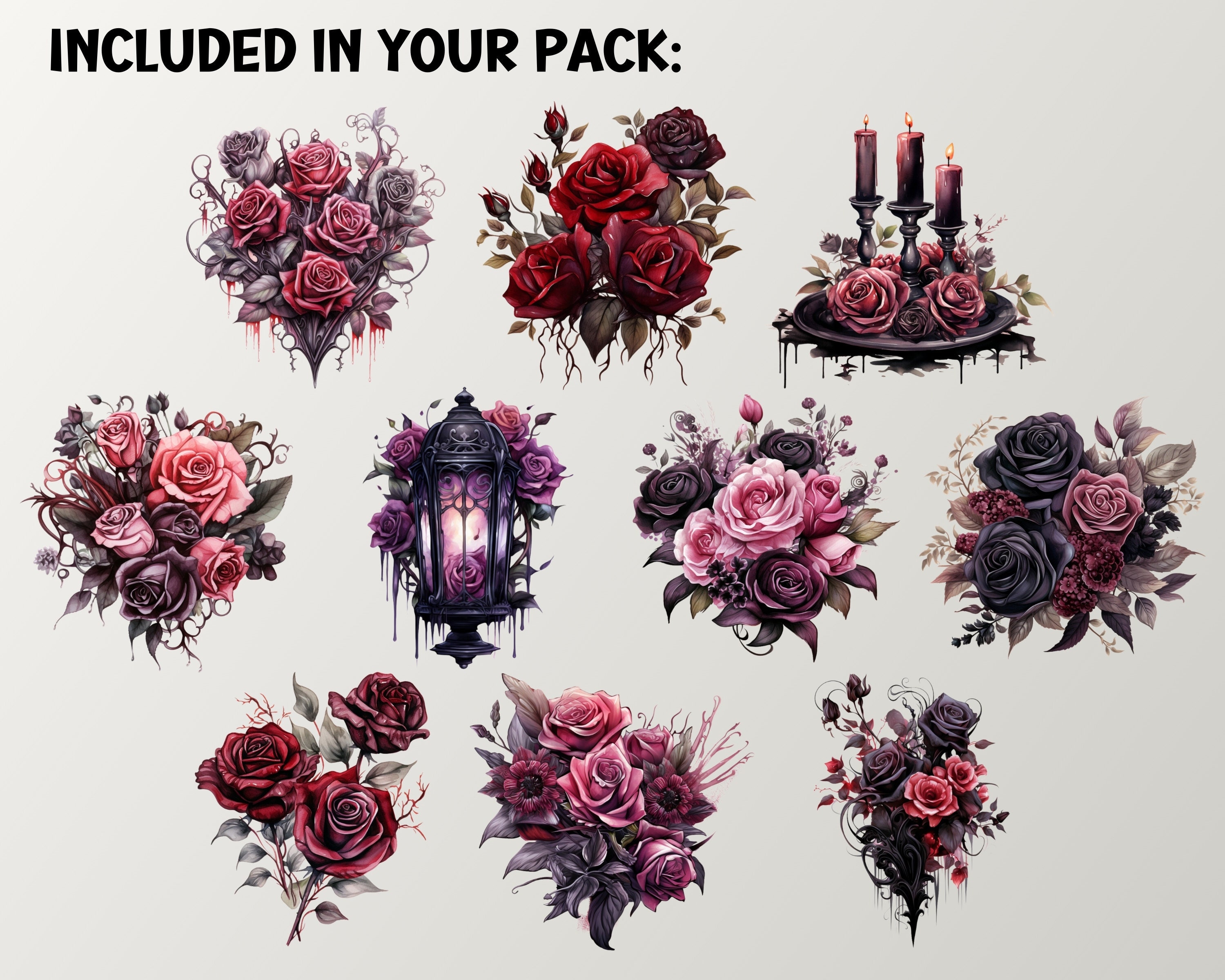 Gothic Roses Watercolor Spooky Dark Flowers Clipart, Cards Junk Journal ...
