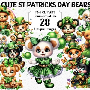 Clipart ours mignon St Patricks Day, numérique/papier artisanat nounours vert, utilisation commerciale de téléchargement immédiat, lot de sublimation PNG transparent