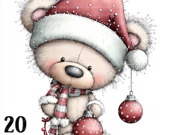 May include: A cute teddy bear illustration wearing a Santa hat and a red and white scarf. The bear holds a red Christmas ornament and has another hanging. The image includes the text "20 JPG".
