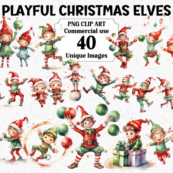 Playful Christmas Elves Watercolor Clipart, Craft sublimation Decorations, Instant Download Commercial use Transparent Elf PNG Bundle