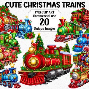 Lindos trenes navideños, imágenes prediseñadas, manualidades digitales y en papel, carruajes de invierno, descarga instantánea, paquete de sublimación de PNG transparentes para uso comercial