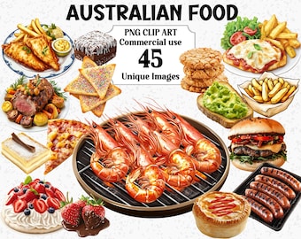 Australisches Essen Clipart, Aquarell Aussie BBQ Garnelen Würstchen Wüste, Australia Day Sofort-Download, kommerzielle Nutzung PNG Sublimationspaket