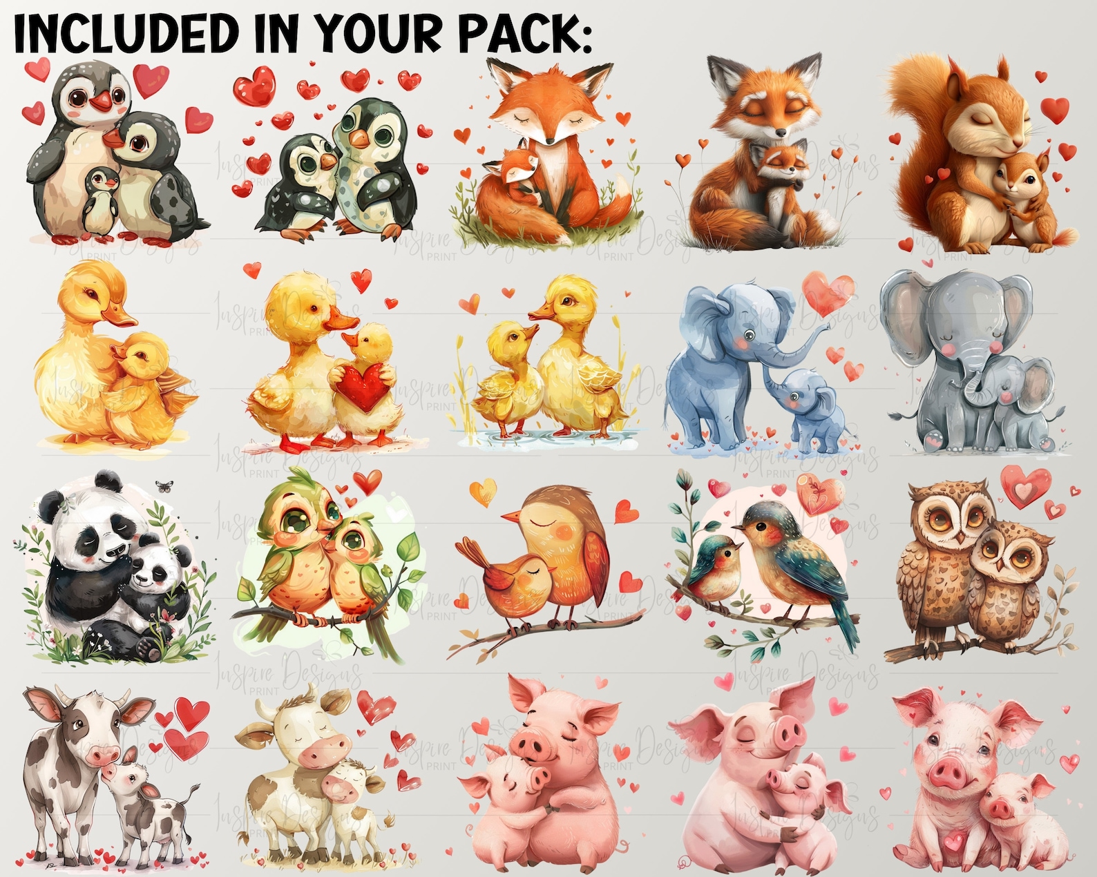 Mother & Baby Animals Watercolor Clipart, Mom Mum Dog Cat Duck Lion ...