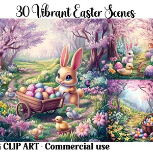 Lebendige Ostern Szenen Clipart, digitale Papiere / Handwerk, süße Kaninchen Kaninchen, sofortiger Download Fantasy Hintergründe, kommerzielle Nutzung JPG Bundle