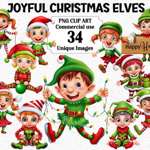 Joyful Christmas Elves Clipart, Cartoon Style Digital, Instant Download Commercial use, Transparent Playful Happy Elf PNG Sublimation Bundle