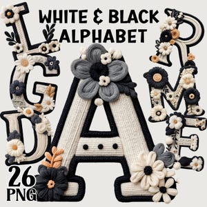 May include: White and black alphabet letters with floral embellishments. The letters are decorated with cream, black, and gray flowers. The text "WHITE & BLACK ALPHABET" is at the top, and "26 PNG" is at the bottom.