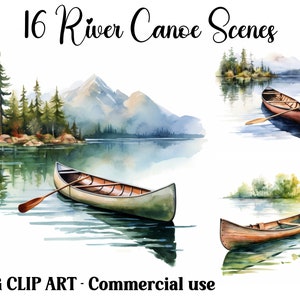 Fluss Kanu Szenen Aquarell Clipart, Digital & Papier Handwerk, sofortiger Download Boot See Landschaft Hintergründe, kommerzielle Nutzung JPGbundle