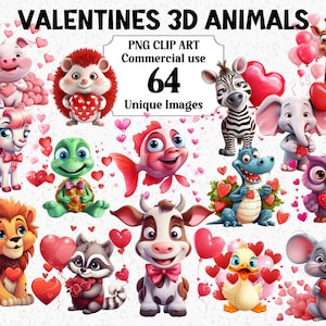 Animaux de style 3D Saint Valentin, Clipart aquarelle, téléchargement immédiat à usage commercial PNG Transparent Vache rouge chat chien souris Sublimation Bundle